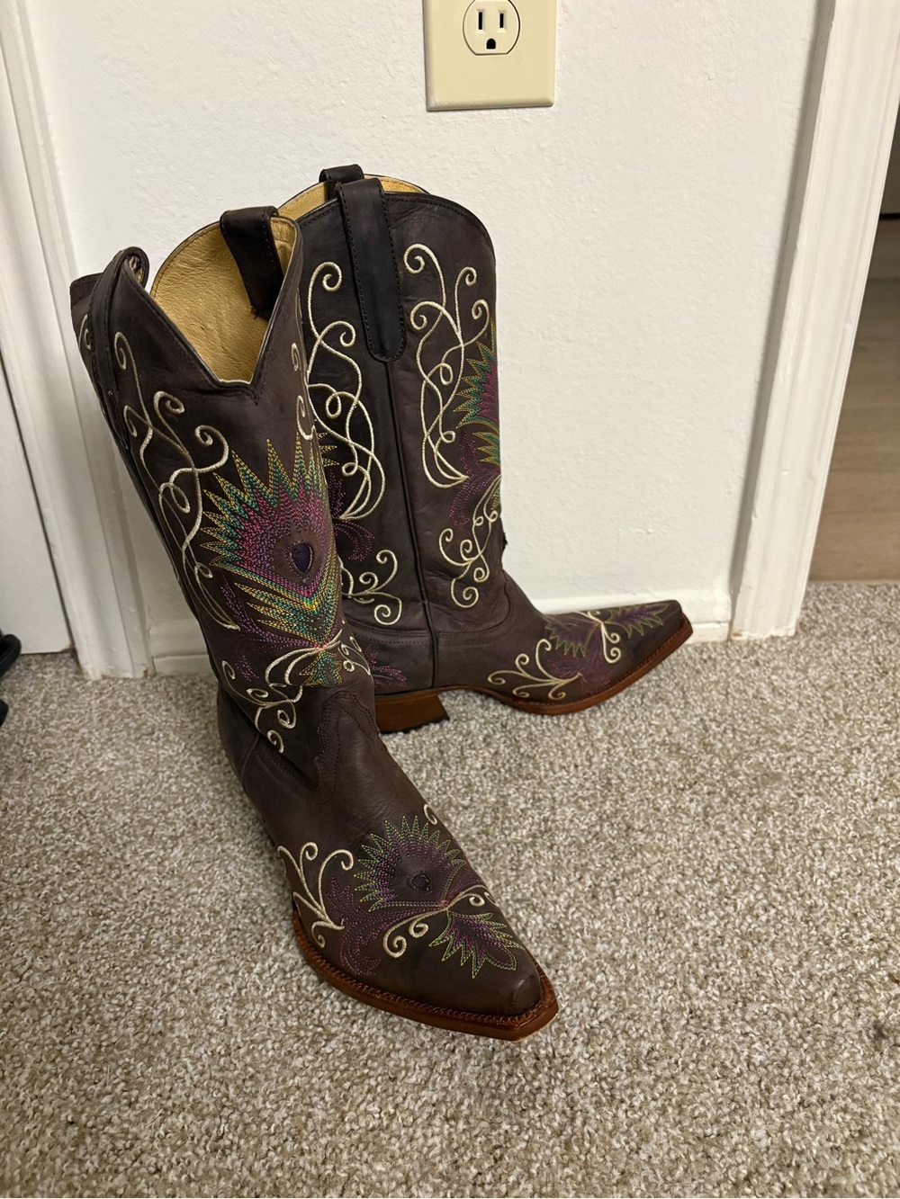 Tony Lama Brown Western Boots with Multicolor Peacock Embroidery